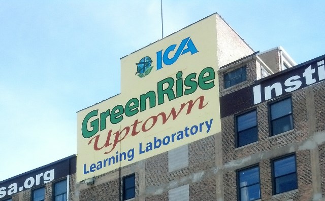 GreenRise Uptown Learning Laboratory sign on building exterior.