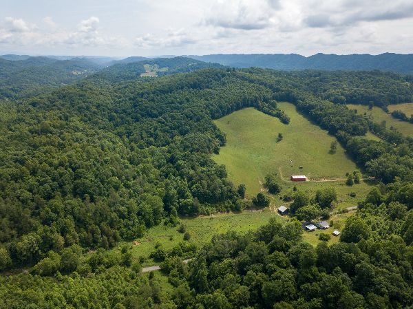 Aerial view of lush green forest and open fields in a rural landscape.