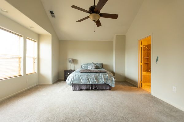 Spacious bedroom with large windows, ceiling fan, and neutral decor.