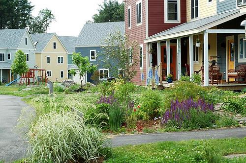 Colorful community houses with lush gardens at Mosaic Commons.