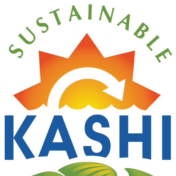 Sustainable Kashi Ashram logo with sun and green fields.