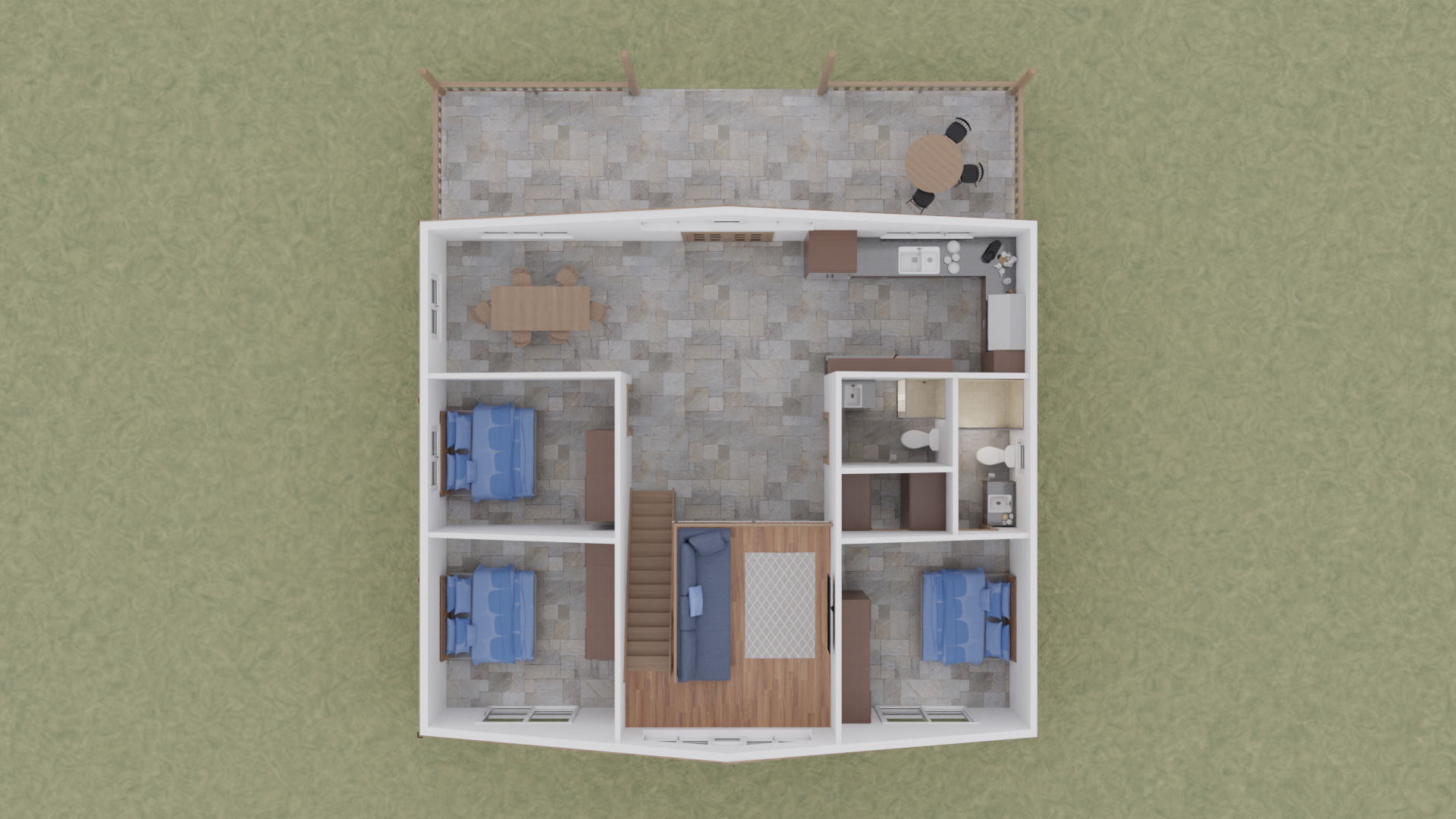 Floor plan of a small eco-friendly community house with three bedrooms and shared amenities.