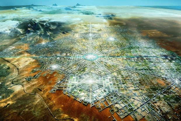 Futuristic cityscape with interconnected urban zones and green spaces.
