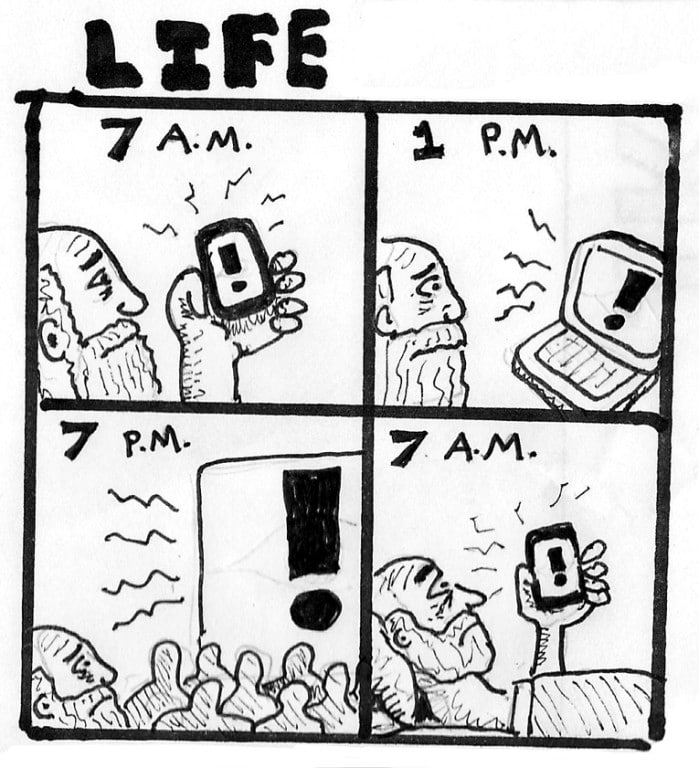 Comic strip illustrating life stages from morning to night with a phone.