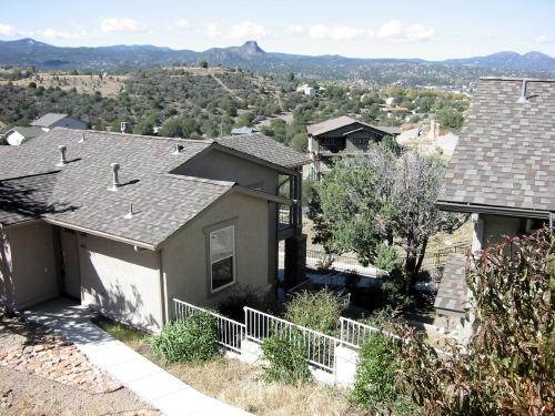 Scenic view of residential homes and distant mountains in Manzanita Village.