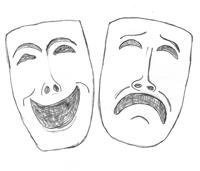 Line drawing of two theatrical masks showing happiness and sadness.