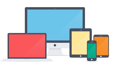 Multiple electronic devices including tablets, smartphones, and a desktop monitor.
