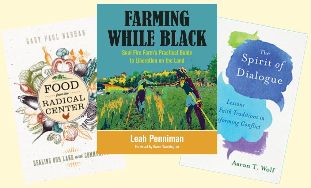 Books on sustainable farming, community, and conflict resolution.