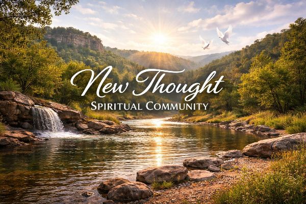 Scenic river landscape with trees, rocks, and birds at sunset for New Thought Spiritual Community.