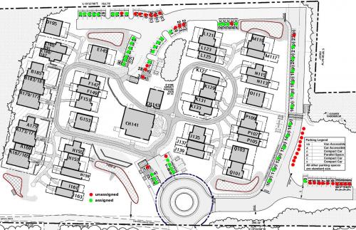 Site map of community housing with parking and pathways at Pacifica.