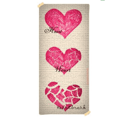 Three pink hearts with the words 'Heart,' 'Heart,' and 'Heartbreak' on a textured background.