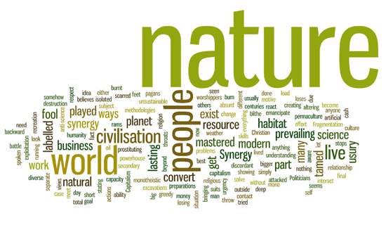 Word cloud emphasizing nature, people, world, civilization, and sustainability themes.