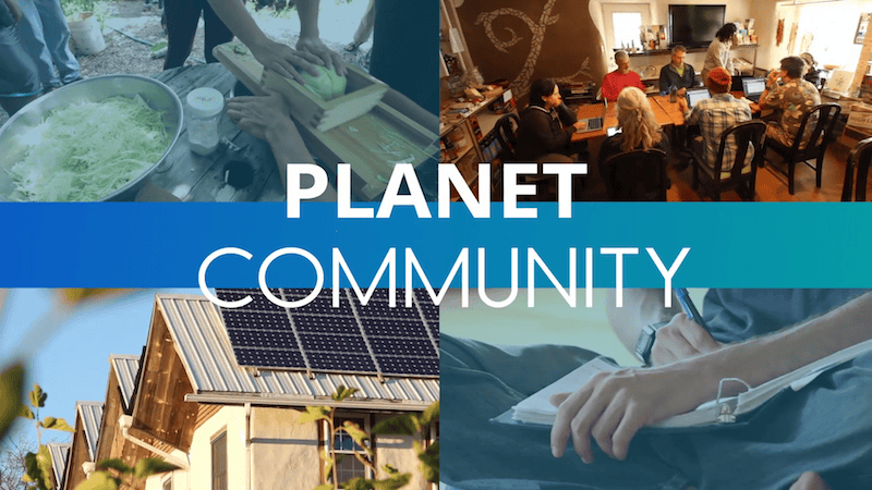 Group of people preparing food, community gathering, solar panels on a house, and a meeting room.