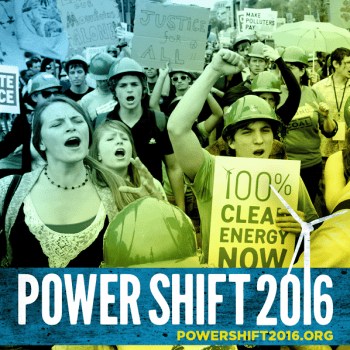 Young climate activists protesting with signs at Power Shift 2016 event.