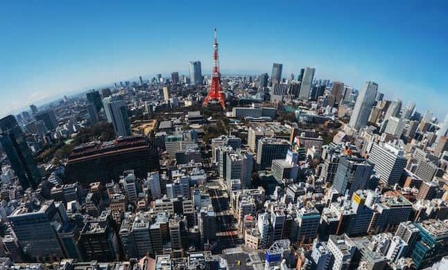 Aerial view of Tokyo skyline with Tokyo Tower in the center.