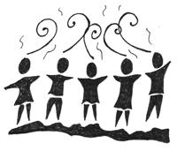 Four people holding hands and dancing in a circle outdoors.