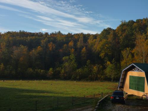 Scenic view of a field with a tent and car near a forested hillside during autumn.