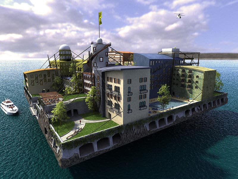 Futuristic floating community with sustainable buildings and green spaces.