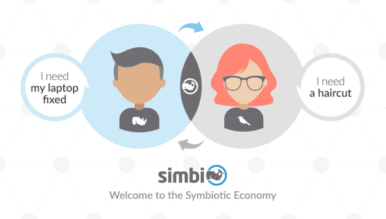 Illustration of two people exchanging services in the symbiotic economy.