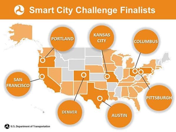 Map highlighting Smart City Challenge finalists including Portland, Kansas City, Columbus, San Frans.