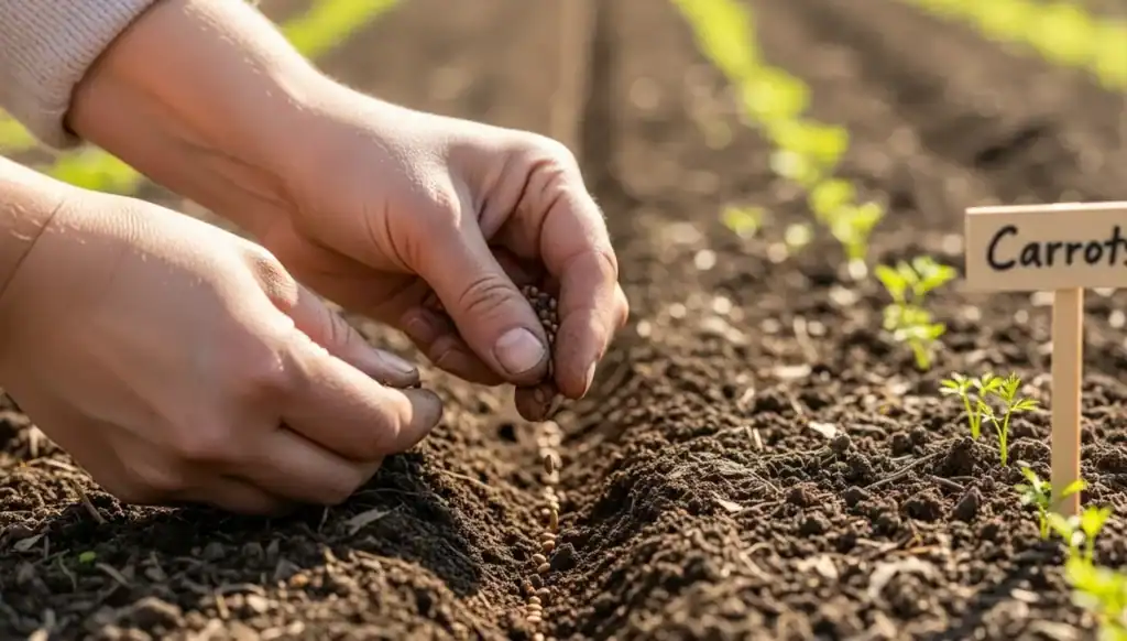 Hands planting seedlings in soil at community garden for sustainability.