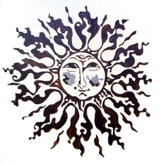 Artistic sun with a face and flowing rays, symbolizing nature and community.