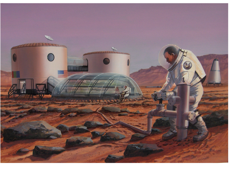 Astronaut working outside Mars or lunar colony with domed habitats and rockets.
