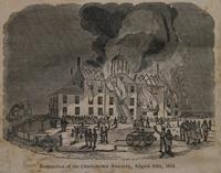 Historical illustration of the Great Fire of Chicago in 1871 with smoke and destruction.