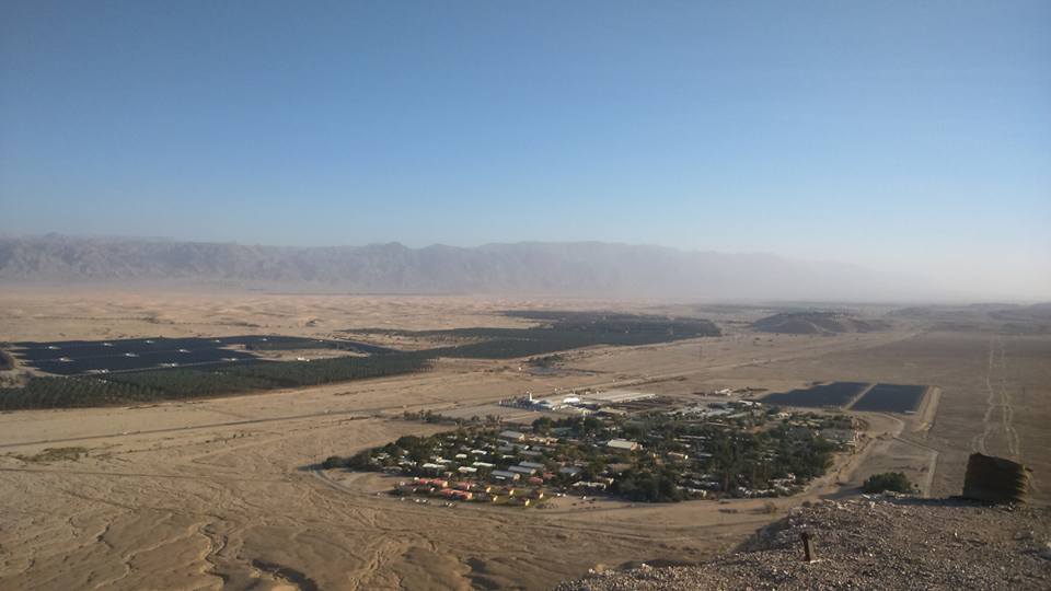 Aerial view of a desert community with agricultural fields near Kibbutz Ketura.