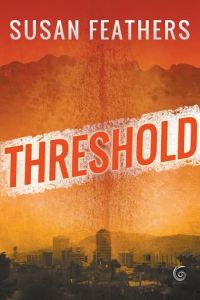 Book cover for 'Threshold' by Susan Feathers with a sunset cityscape background.