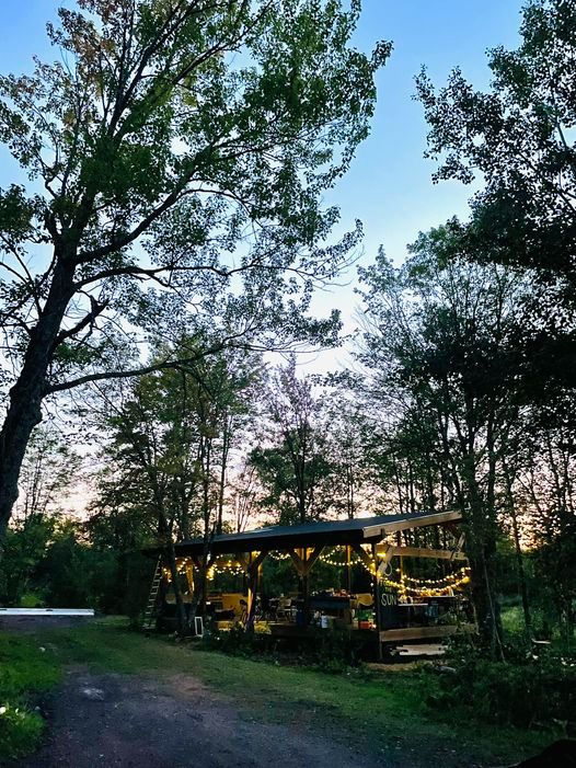 Scenic view of a wooded area with a cozy outdoor gathering space at dusk.