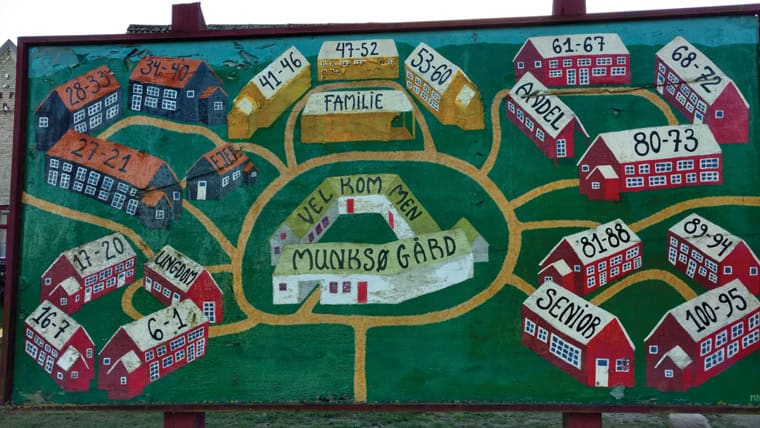 Colorful mural depicting a community with houses, labels, and pathways.
