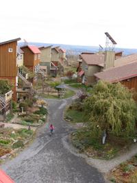 Colorful tiny houses on a hillside with a winding gravel path and greenery.