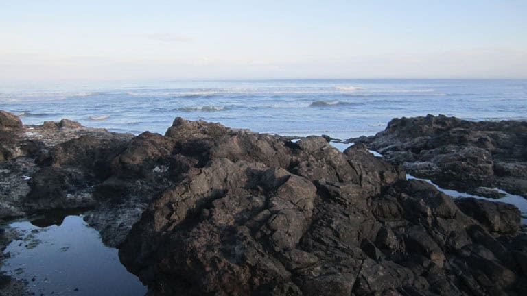 Rocky shoreline with ocean waves and clear sky in the background.