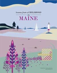 Scenic coastal scene with lighthouses and colorful flowers in Maine.