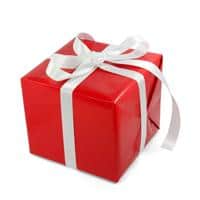 Red gift box with white ribbon for community celebration or event.