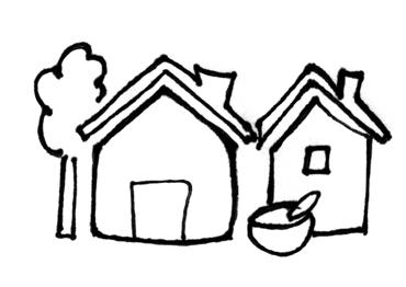Simple black and white sketch of two houses with a tree and a well.