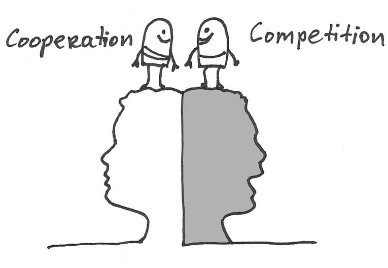 Illustration of two figures on a split head, symbolizing cooperation and competition.