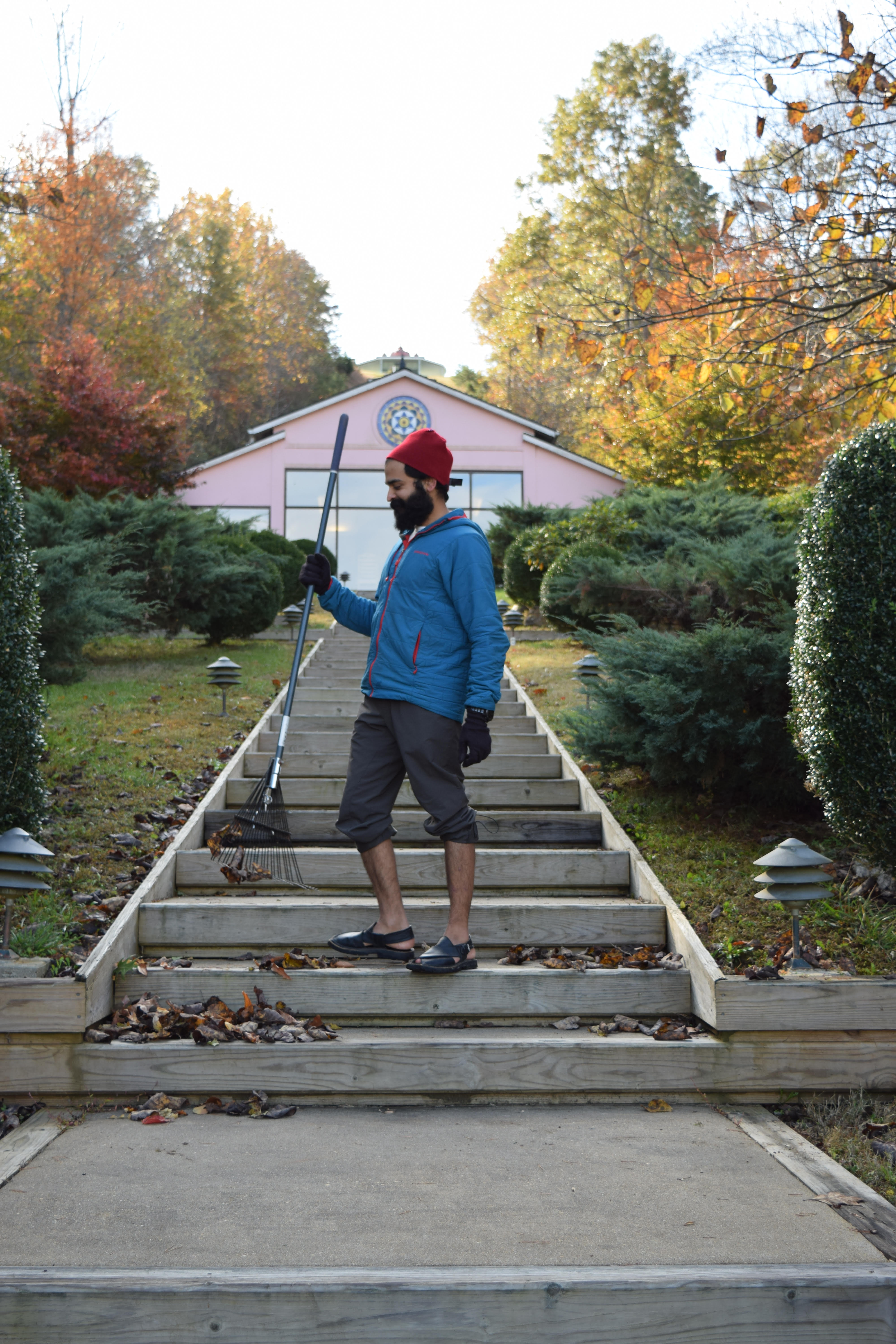 Person with a cane walking down outdoor stairs in a park during fall.