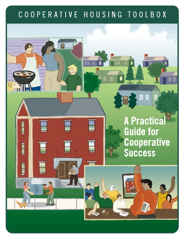 Illustration of community members and houses for cooperative housing success.