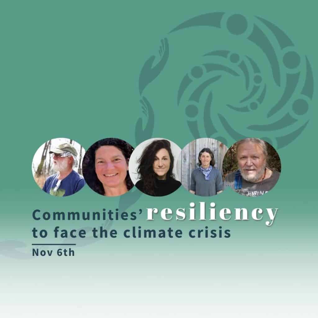 Group of diverse people discussing climate resilience at community event.