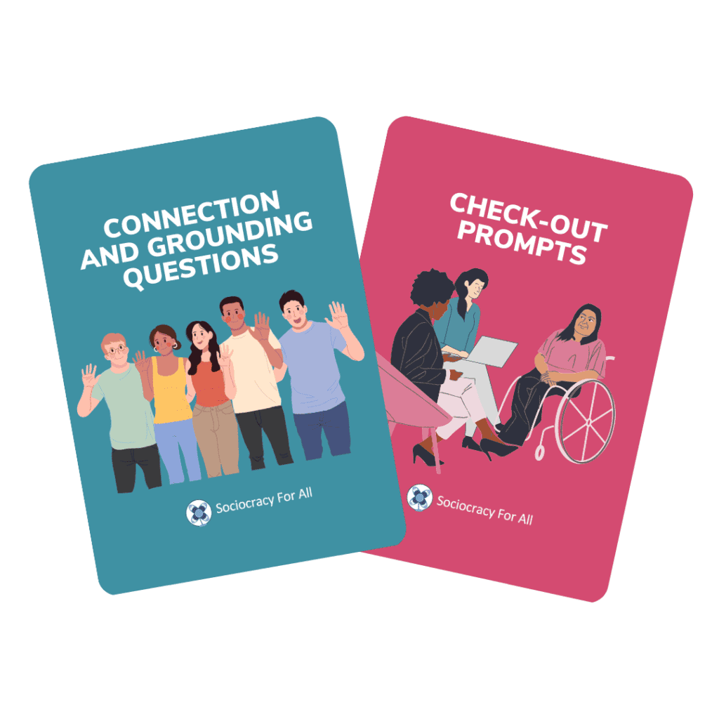 Two colorful cards with community questions and check-out prompts for social inclusion.
