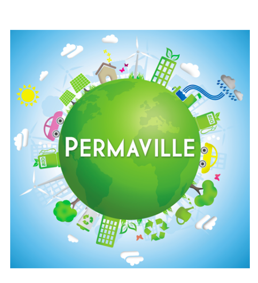 Illustration of eco-friendly city with green energy and sustainable living.