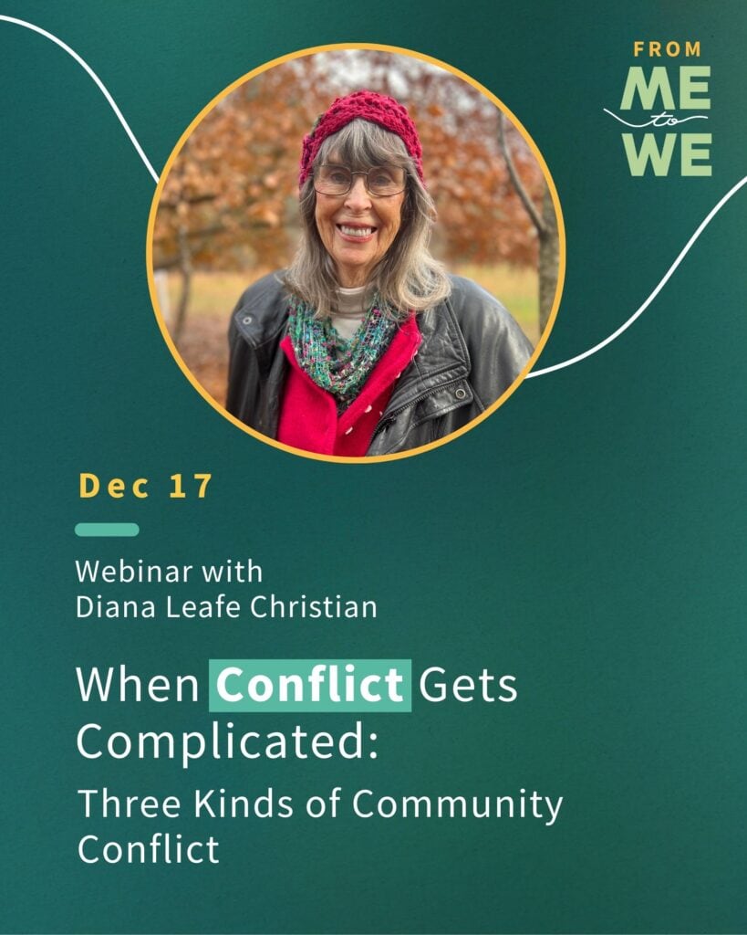 Webinar with Diana Leafe Christian on community conflict management.