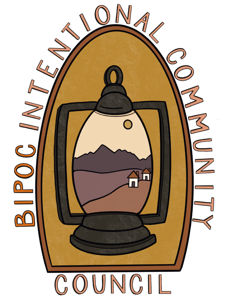 Logo of BIPOC Intentional Community Council with lantern and mountain scene.