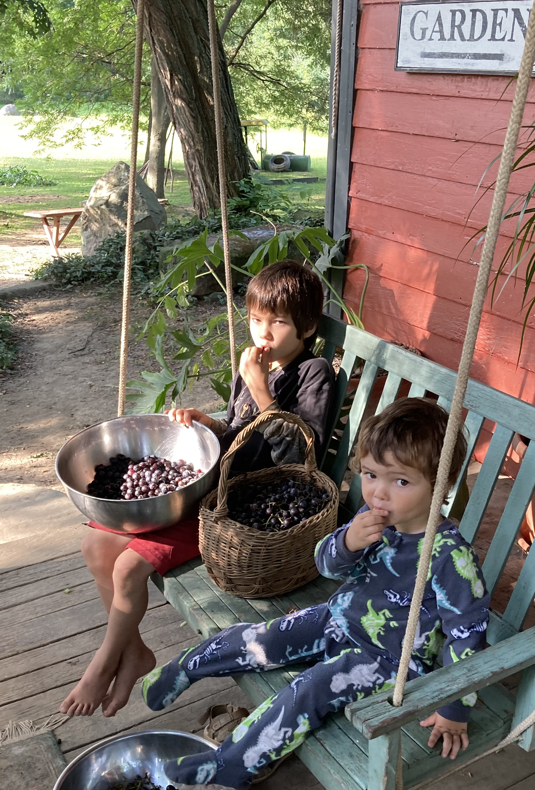 Two children sitting on a garden swing with berries at Stone Garden Farm.