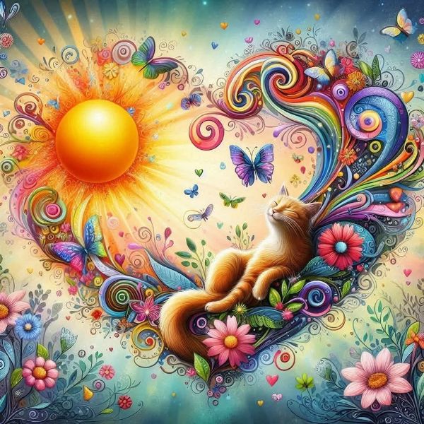 Vibrant artistic scene with a cat, butterflies, and swirling floral patterns.