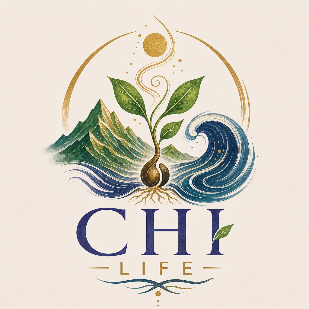 CHI Life logo featuring a plant, mountains, and water symbolizing harmony with nature.