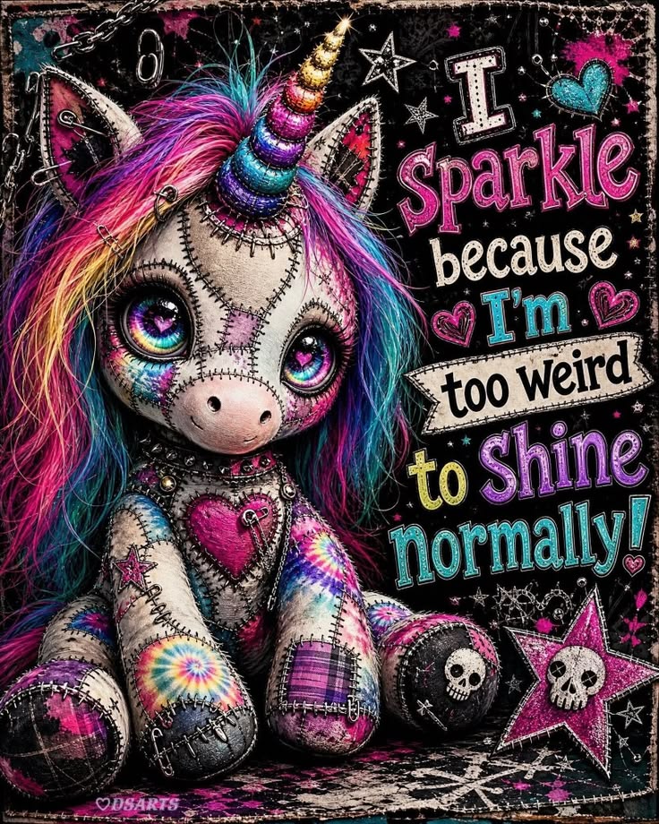 Vibrant unicorn plush with rainbow mane and inspirational quote about being unique.