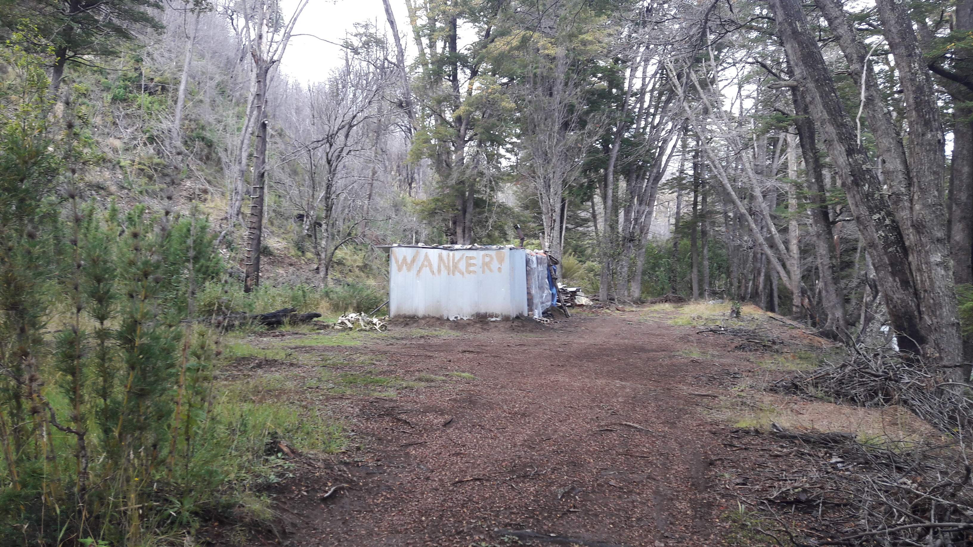 Wankery sign on a metal container in a wooded area.